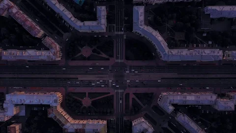 Aerial view of a difficult road intersection with cars passing through it Stock Footage 113193899