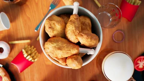 Aerial view on the dining table. Zooming out messy table with fast food. Party. Stock Footage 133443929