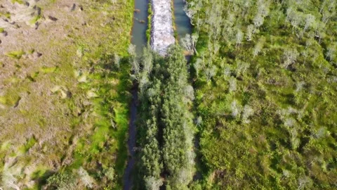 Aerial view of a ditch made to drain water surrounding an area of dry looki.. Stock-Footage 248829892