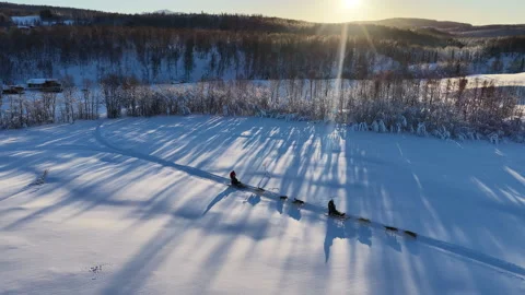 Aerial view of dog sledding team at sunset, Norway 動画素材 340427161