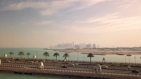 Aerial view of Doha cityscape during sunset, Qatar Stock Footage 149001392