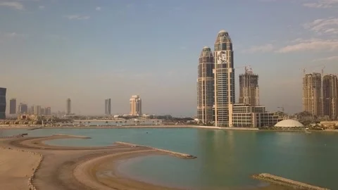 Aerial view of Doha cityscape during sunset, Qatar Stock Footage 149001497