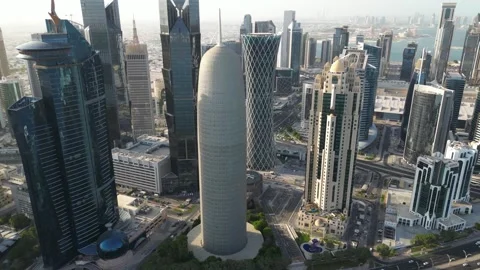 Aerial view of Doha Tower (also known as Burj Doha), West Bay, Doha, Qatar Stock Footage 253543141