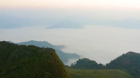 Aerial view of Doi Pha Mon misty mountain in morning Stock Footage 145424974