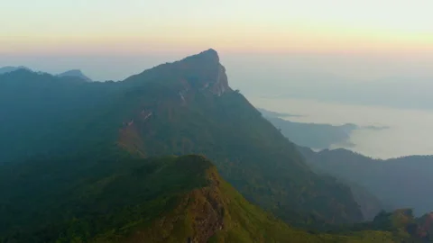 Aerial view of Doi Pha Mon misty mountain in morning Stock Footage 145429937