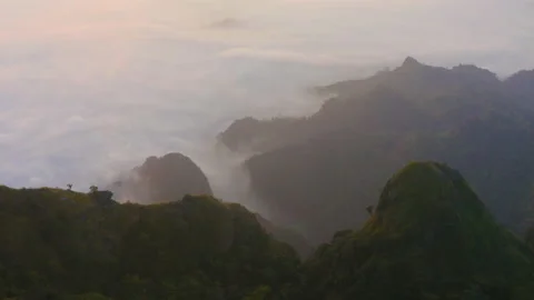 Aerial view of Doi Pha Mon misty mountain in morning Stock Footage 145430553