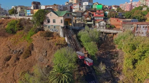 Aerial view dolly in of the Baron Funicular, with its cars going up and down Stock Footage 335976283