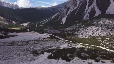 Aerial view, Dolomites Alpine valley of Fanes in a summer morning Stock Footage 114129366