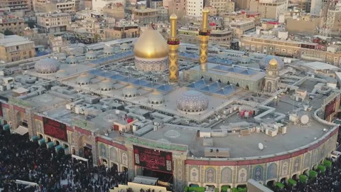 Aerial view Dome mosque with the temple of Imam Hussein Ibn Ali in Karbala Iraq Video stock 218626236