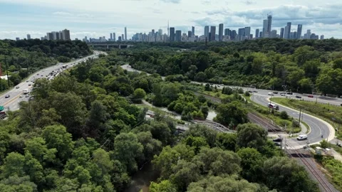 Aerial View of Don River Valley With Toronto Skyline in the Distance Stock-Footage 345835188