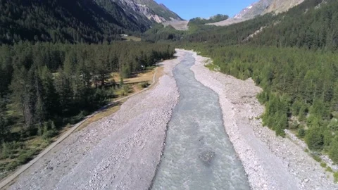 Aerial view of Dora  river, Val Veny, Italy Stock Footage 136580634