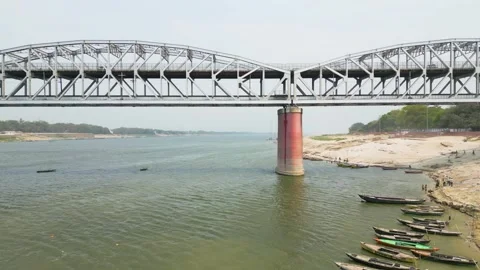 Aerial view of double decker bridge over the Ganges at Varanasi. Stock Footage 340134426