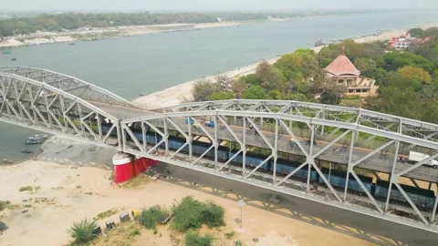 Aerial view of double decker bridge over the Ganges at Varanasi. Stock Footage 340134743