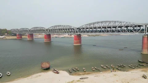 Aerial view of double decker bridge over the Ganges at Varanasi. Stock Footage 340134770