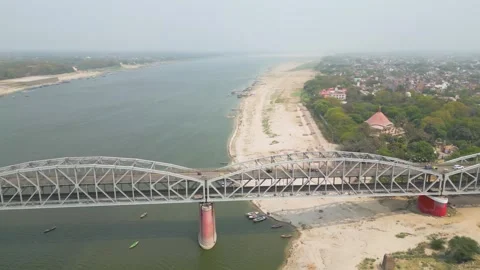 Aerial view of double decker bridge over the Ganges at Varanasi. Stock Footage 340134880