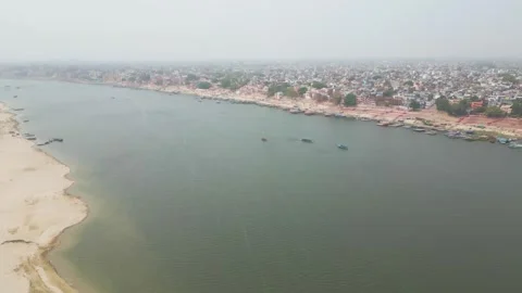Aerial view of double decker bridge over the Ganges at Varanasi. Stock Footage 340134917