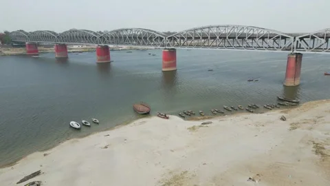 Aerial view of double decker bridge over the Ganges at Varanasi. Stock Footage 340134928