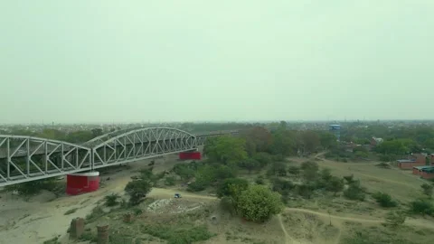 Aerial view of double decker bridge over the Ganges at Varanasi. Stock Footage 340134982