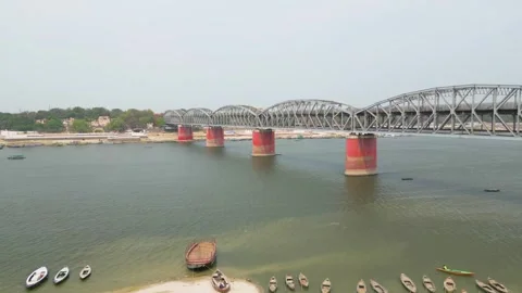 Aerial view of double decker bridge over the Ganges at Varanasi. Stock Footage 340135653