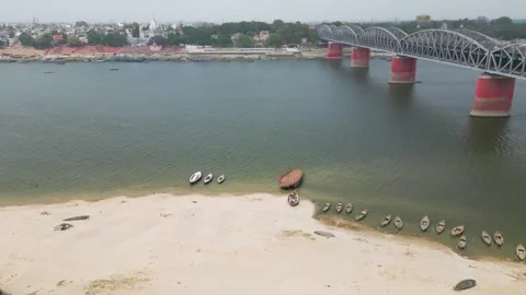 Aerial view of double decker bridge over the Ganges at Varanasi. Stock Footage 340135822