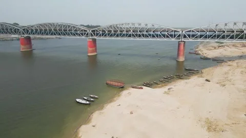 Aerial view of double decker bridge over the Ganges at Varanasi. Stock Footage 340135826