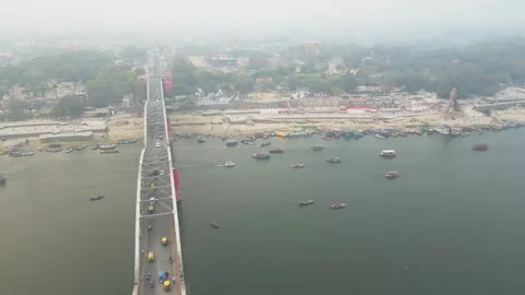 Aerial view of double decker bridge over the Ganges at Varanasi. Stock Footage 340143254