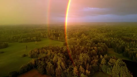 Aerial view of double rainbow over forest landscape in Latvia. Stock Footage 340593370