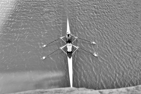 Aerial View of Double Scull Rowing Boat on Water, Black and White Minimalism Photos