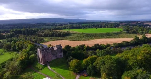 Aerial view of Doune Castle Stock Footage 80691486