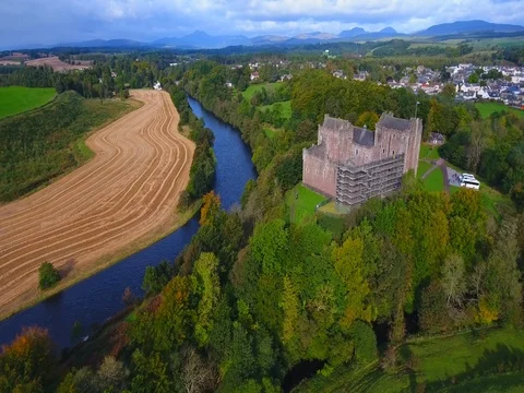 Aerial view of Doune Castle Stock Footage 80782916