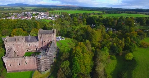 Aerial view of Doune Castle Stock Footage 80784296
