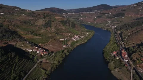 Aerial view of Douro river and terraced hills, Portugal. Stock Footage 332737723