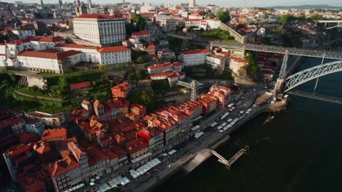 Aerial View of Douro River, Dom Luis Bridge and Porto Chatedral Portugal Stock Footage 285320852