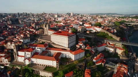 Aerial View of Douro River, Dom Luis Bridge and Porto Chatedral Portugal Stock Footage 285320859