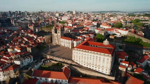 Aerial View of Douro River, Dom Luis Bridge and Porto Chatedral Portugal Stock Footage 285320872