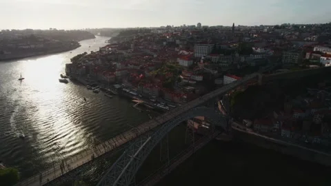 Aerial View of Douro River, Dom Luis Bridge and Porto Portugal Stock Footage 285322615