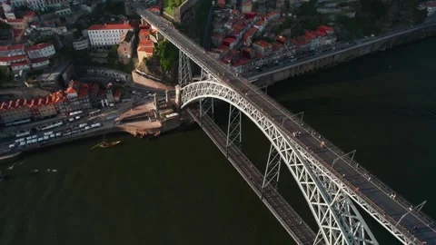 Aerial View of Douro River, Dom Luis Bridge and Porto Portugal Stock Footage 285322632