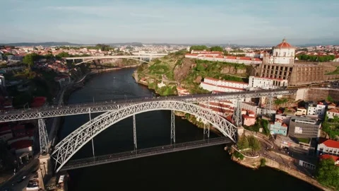 Aerial View of Douro River, Dom Luis Bridge and Porto Portugal Stock Footage 285322665