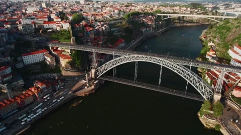 Aerial View of Douro River, Dom Luis Bridge and Porto Portugal Stock Footage 285322800