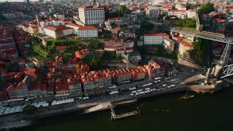 Aerial View of Douro River, Dom Luis Bridge and Porto Portugal Stock Footage 285322834