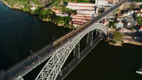 Aerial View of Douro River, Dom Luis Bridge and Porto Portugal Stock Footage 285322890