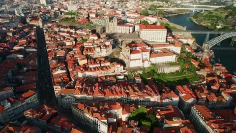 Aerial View of Douro River, Dom Luis Bridge and Porto Portugal Stock Footage 285322897