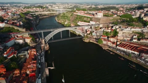 Aerial View of Douro River, Dom Luis Bridge and Porto Portugal Stock Footage 285322985