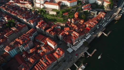 Aerial View of Douro River, Dom Luis Bridge and Porto Portugal Stock Footage 285322987
