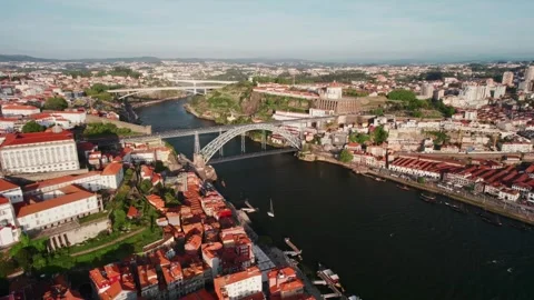 Aerial View of Douro River, Dom Luis Bridge and Porto Portugal Stock Footage 285323051