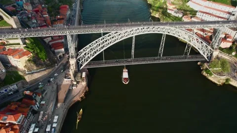 Aerial View of Douro River, Dom Luis Bridge and Porto Portugal Stock Footage 285323099