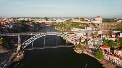 Aerial View of Douro River, Dom Luis Bridge and Porto Portugal Stock Footage 285323152