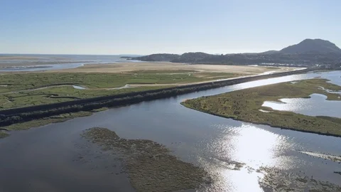 Aerial view, down and sideways move. Drone panorama over Glaslyn reserve wetl Stock Footage 94246629