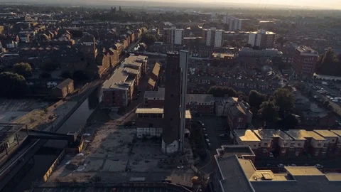 Aerial view, down move. Drone panorama of Chester city during sunset sun clos Stock Footage 94261522