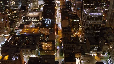 Aerial View Down Town LA Buildings banks convention center city lights traffi Stock Footage 111945258